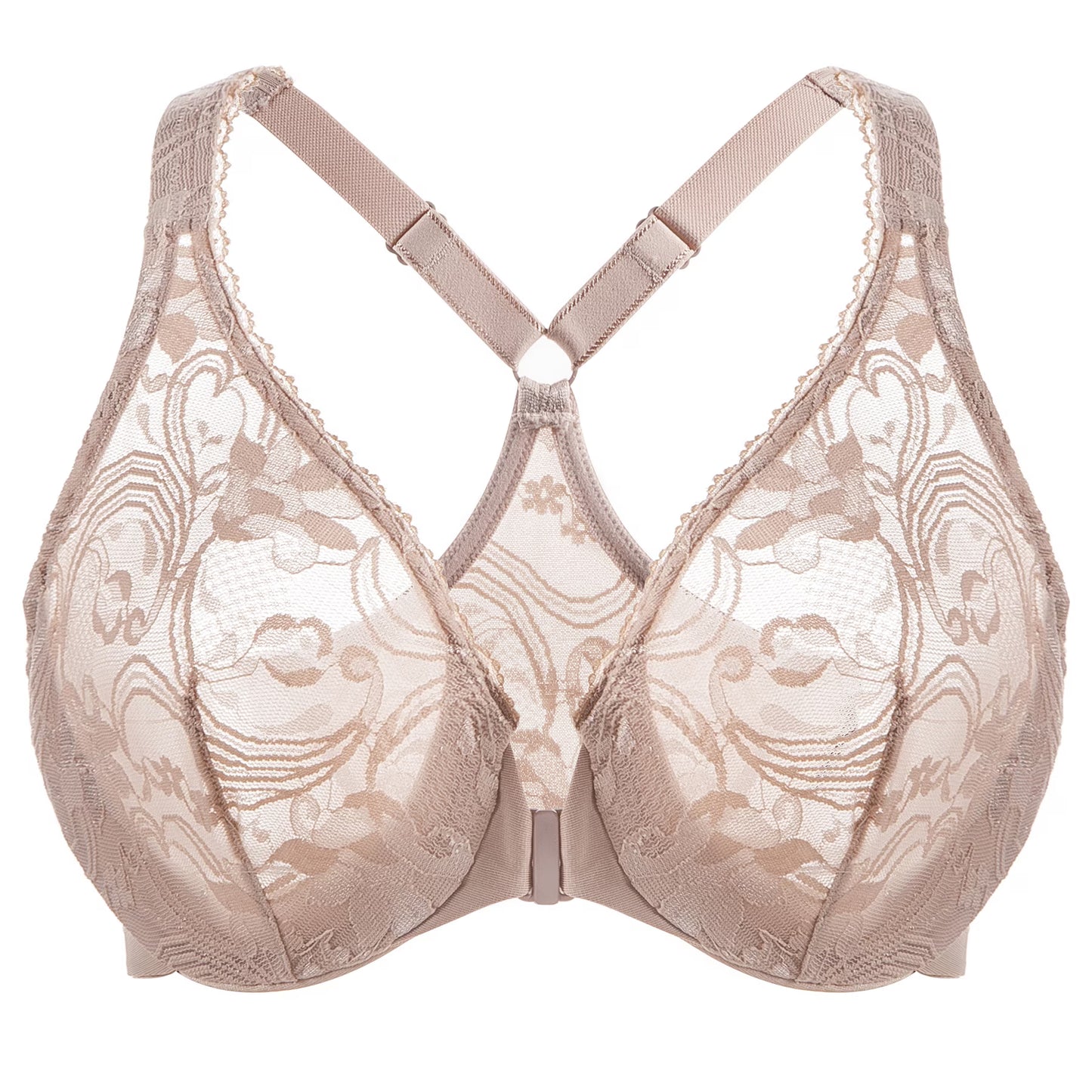 MELENECA Women's Plus Size Racerback Unlined Lace Underwire Front Closure Bra Beige 34D