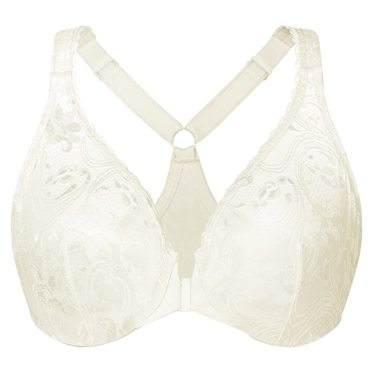 MELENECA Women's Plus Size Racerback Unlined Lace Underwire Front Closure Bra Off White 48DD