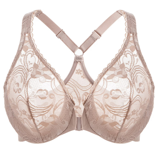 MELENECA Women's Plus Size Racerback Unlined Lace Underwire Front Closure Bra Beige 34D